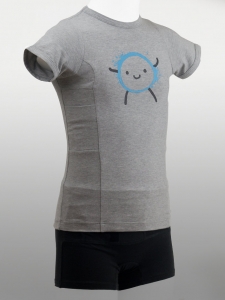 little blue diabetes guy on a grey annaps tshirt with two useful pockets